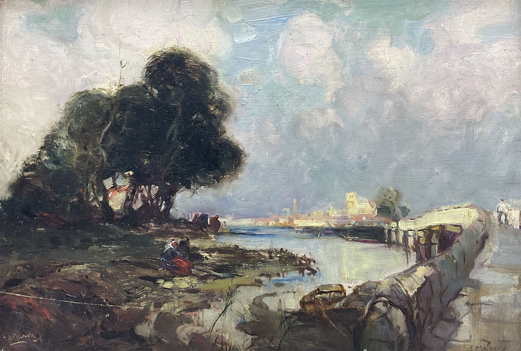 Frank Henry Mason (Staithes Group 1875-1965) and Edith Annie Mason (neé Townley-Fullam) (British 1877-1942): North African Landscape with Figures and Bridge, oil on board signed 25cm x 35cm 
Notes: Frank and Edith married on 26th February 1899 at St Matthew's Church in Elswick, Newcastle, and soon after moved to Rockside House, Blenheim Terrace, Scarborough. Edie (as she was known) was the daughter of Captain George Townley-Fullam (1841-1879), master's mate on the CSS Alabama during the American Civil War, who was lost at sea during a hurricane in the Bay of Biscay whilst captaining the steamer Marlborough.