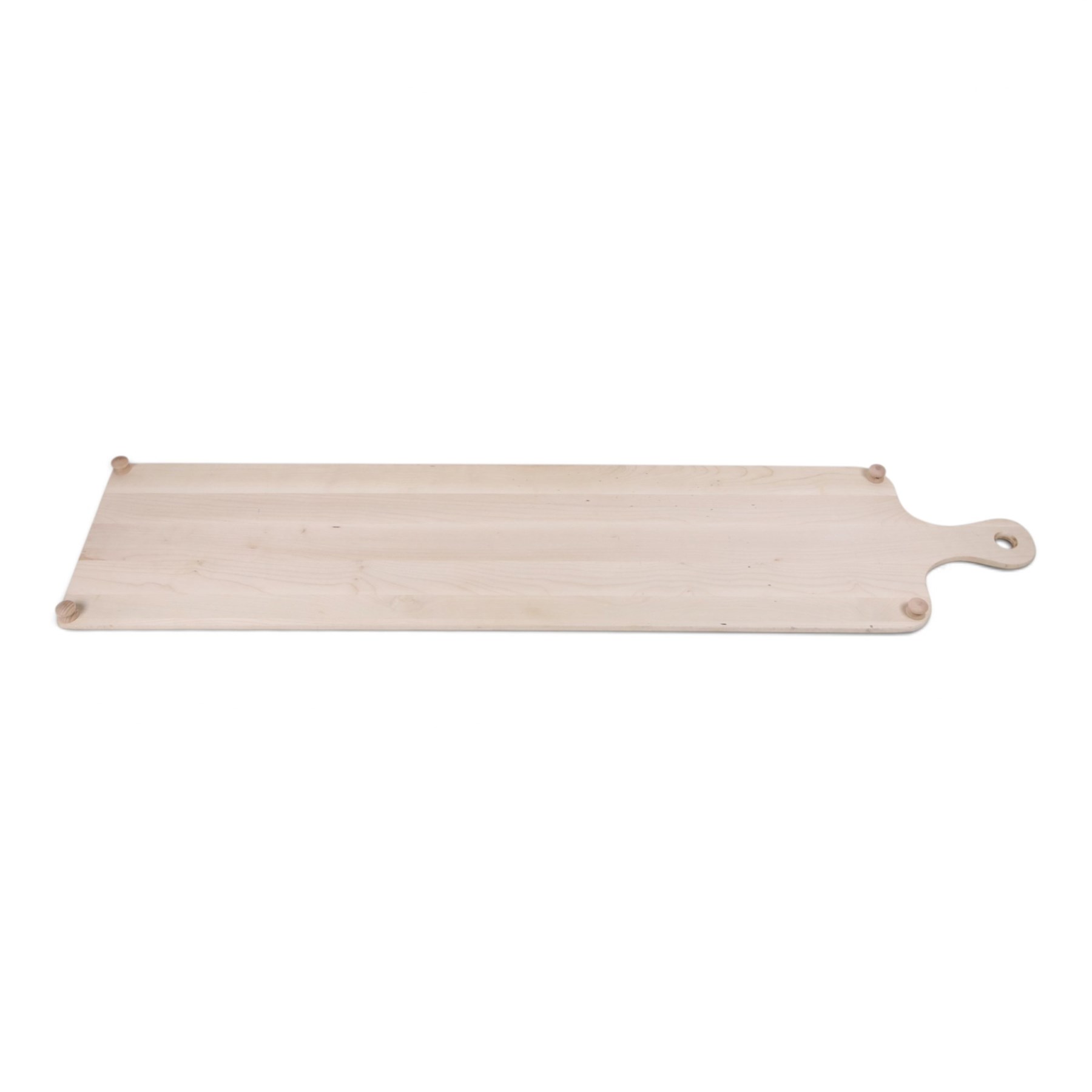 Wooden cheeseboard of rectangular form, upon four turned bun feet, H130cm W29cm