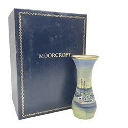 Moorcroft enamel vase, decorated with moored boats, in fitted box, H8cm
