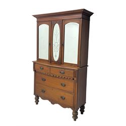 Victorian walnut dresser, projecting cornice over mirrored front, fitted with two short over two long drawers, on turned feet