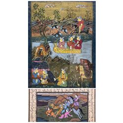 Mughal School (19th/20th century): Battle Scene with Tigers and Hunting Scene with Boat and Tea Drinkers, two gouaches framed with Persian and Arabic script max 26cm x 18cm (2)