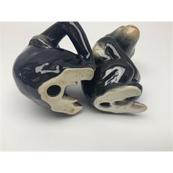 Large Sylvac monkey together with three smaller monkeys, together with Beswick Pigeon no 1383, Melba Ware hippo and baby and Royal Dux elephant 