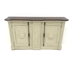  French style cream painted breakfront cabinet, two cupboards, plinth base, W156cm, H91cm, D33cm  