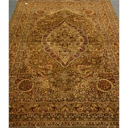  Large Persian style 'Super Kashan' olive ground carpet, large central medallion, floral decoration, 366cm x 273cm  