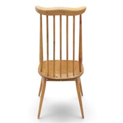 Ercol - 'Goldsmith' light elm set of four dining chairs, shaped cresting rail above seven spindles, dished seat raised on tapering supports with H-stretcher