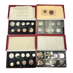 Four King George VI 1950 specimen coin sets, each comprising farthing, half penny, penny, threepence, sixpence, English  one shilling, Scottish one shilling, two shillings and half crown, each in red Royal Mint card case