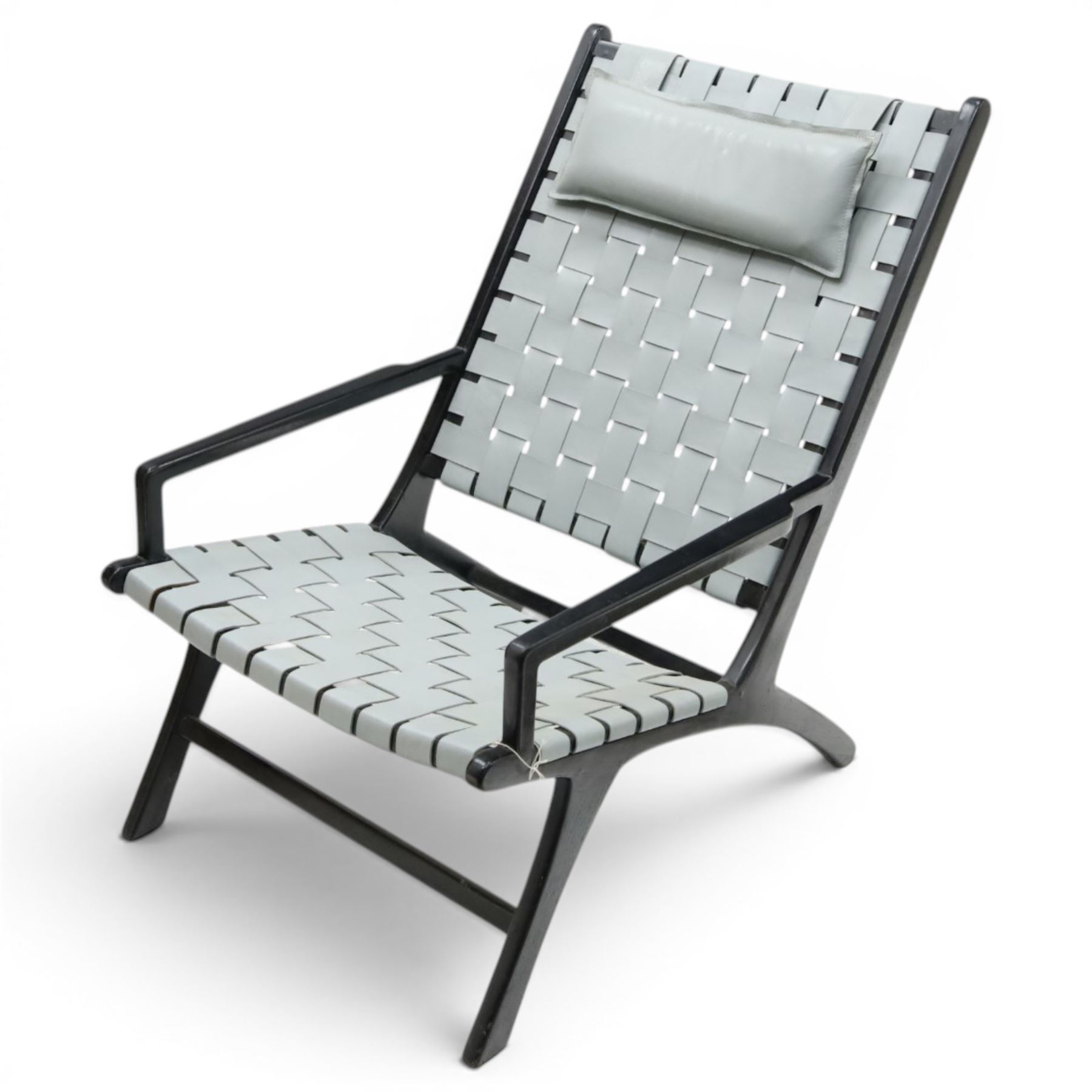 Kendari - Mid 20th century style armchair, grey woven leather seat and back, raised on an ebonised teak wood frame