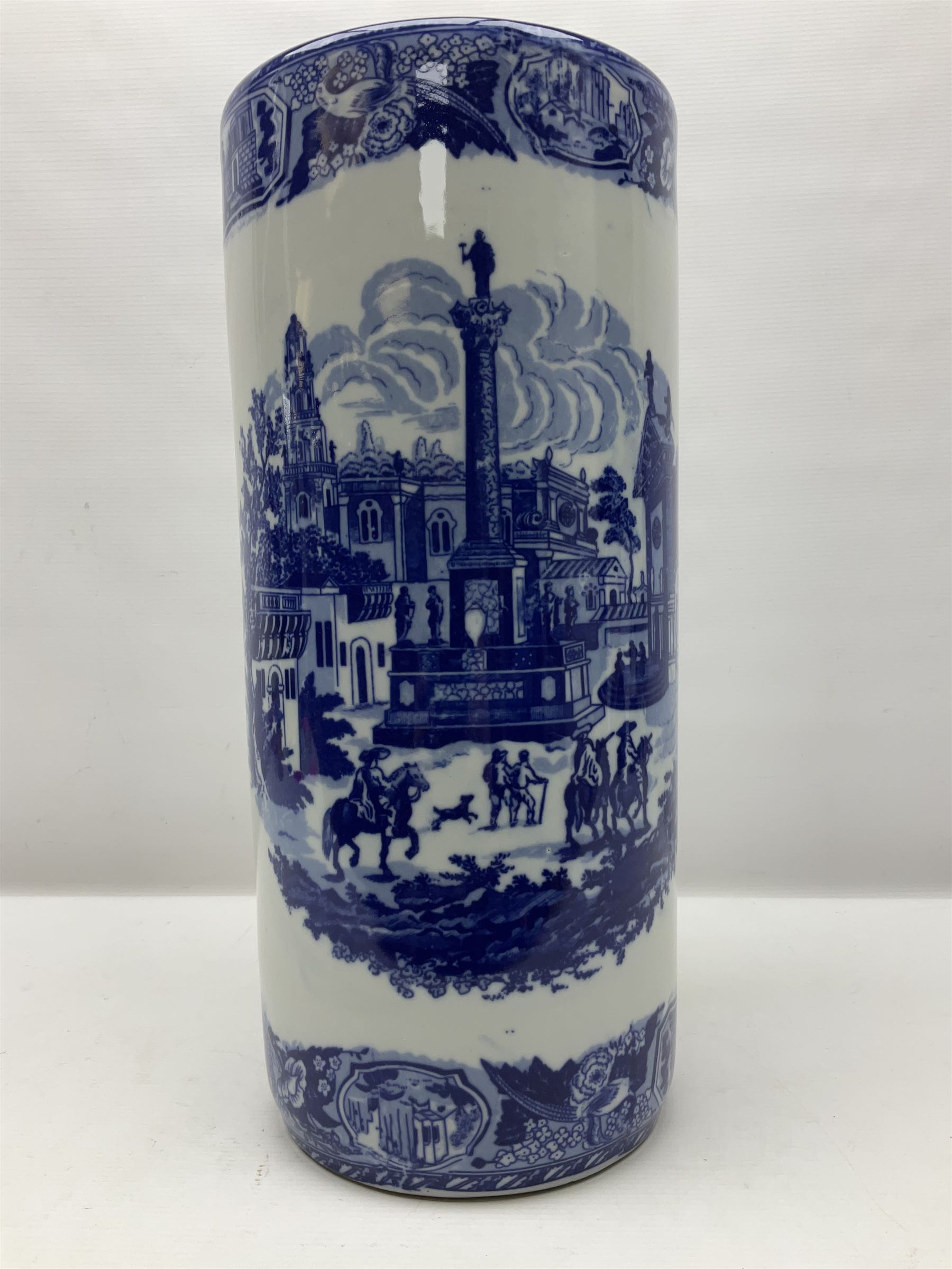Blue and white umbrella stand, decorated with transfer print decorated with city scape, H43cm