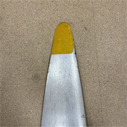 20th century aluminium twin blade aircraft propeller, polished finish with yellow painted tips, central hub with mounting holes, marked FR4322, L200cm