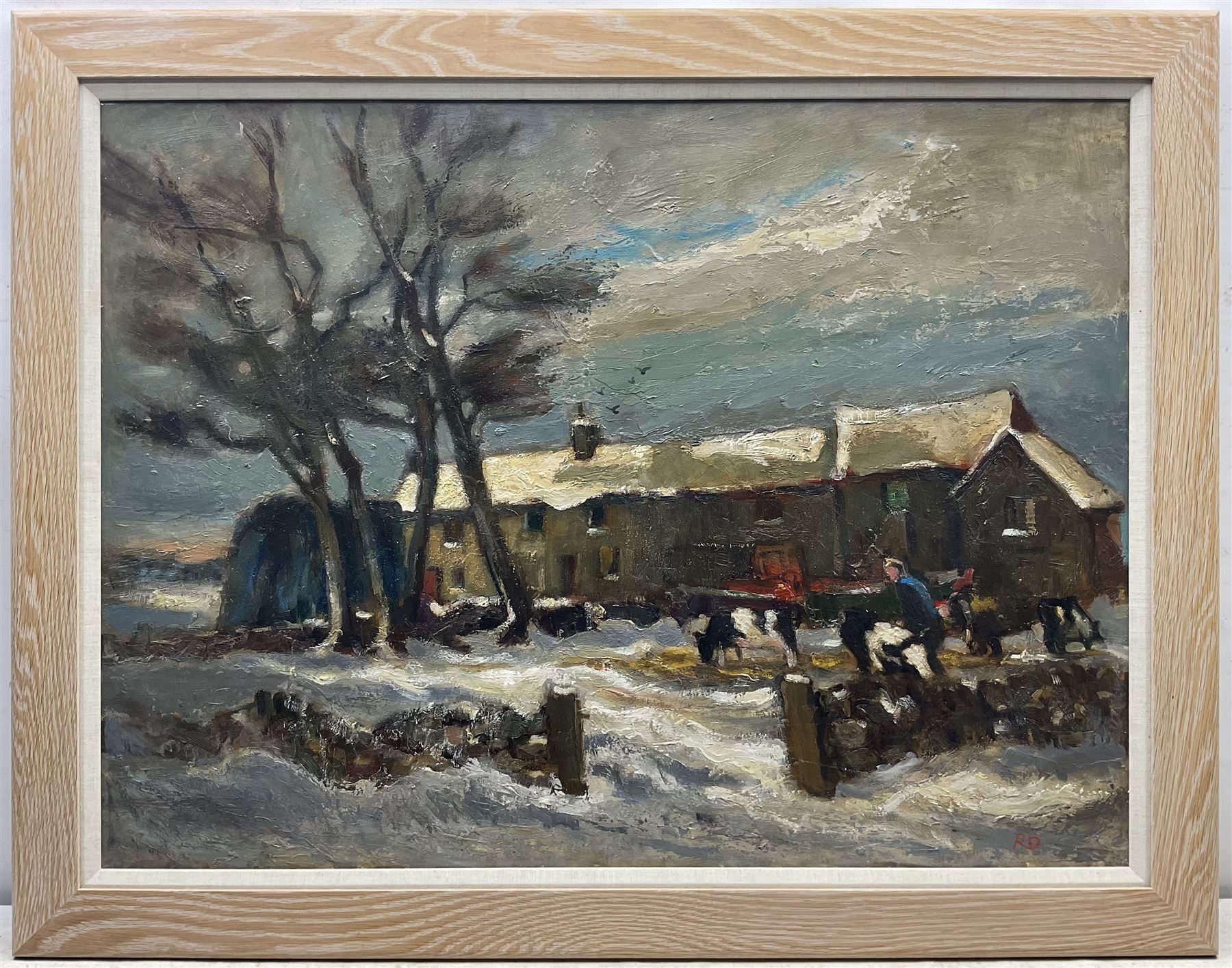 Robert Dawson (British 1926-1997): 'Snow at High Edge', oil on board signed with initials, titled on gallery label verso 67cm x 90cm 
Provenance: with the Goldmark Gallery, Uppingham, label verso