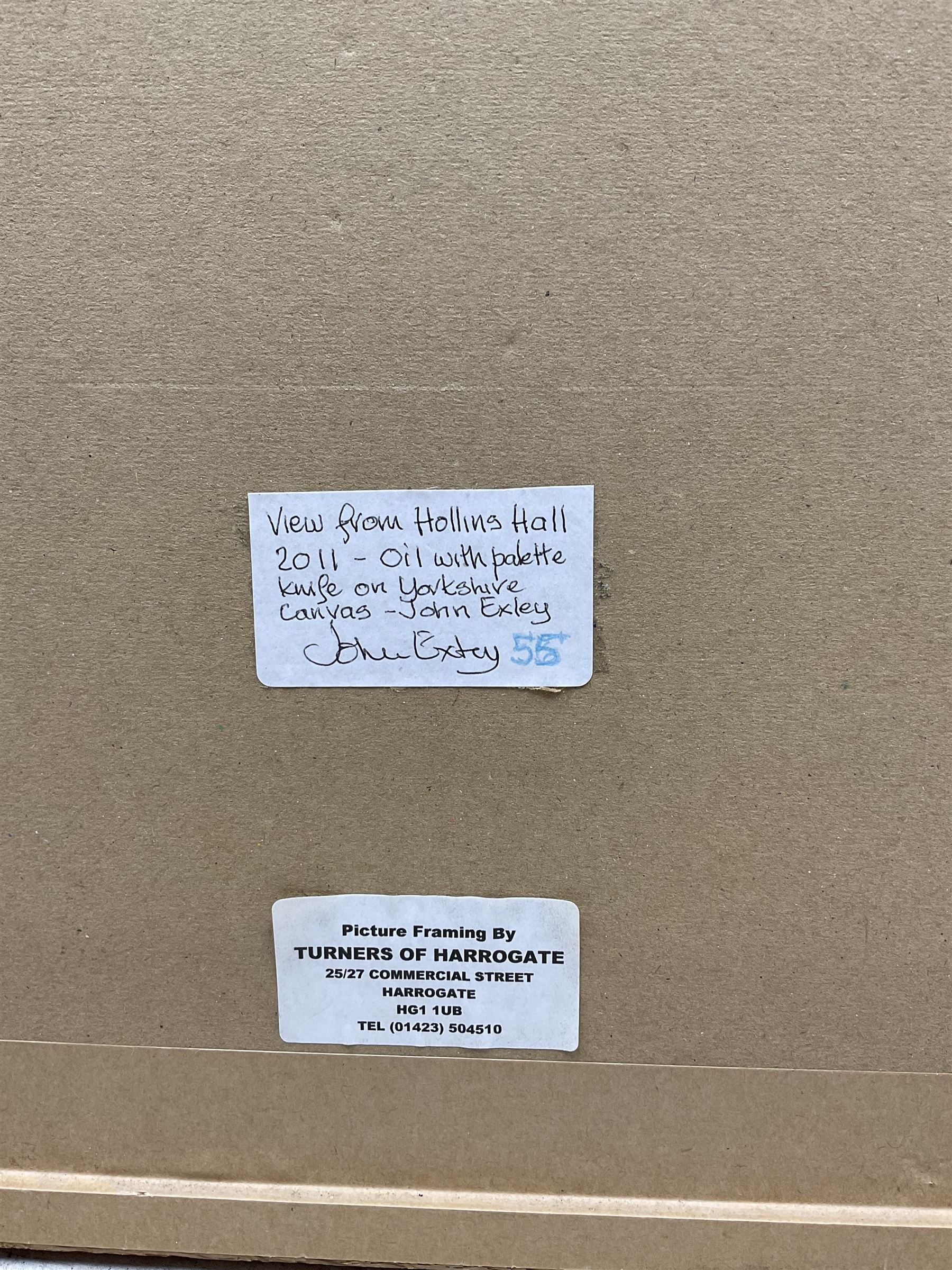 John Exley (British Contemporary): 'View from Holling Hall', impasto oil on canvas signed and dated 2011, titled on label verso 35cm x 35cm