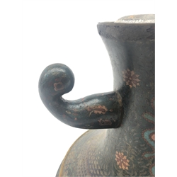  Archaic style Chinese Cloisonne censer stand, two handled circular form H25cm x D28cm  