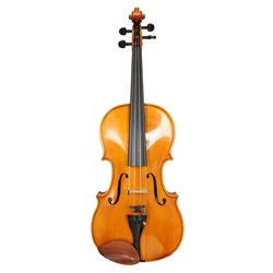 Late 20th century German full size viola, labelled to interior 'Walter Muller Bad Brambach 1976 made in GDR' with two-piece back, ebonised finger board, tuning pegs and tail piece, with a carved scroll and two bows, in hard fitted case, back length 16 inches