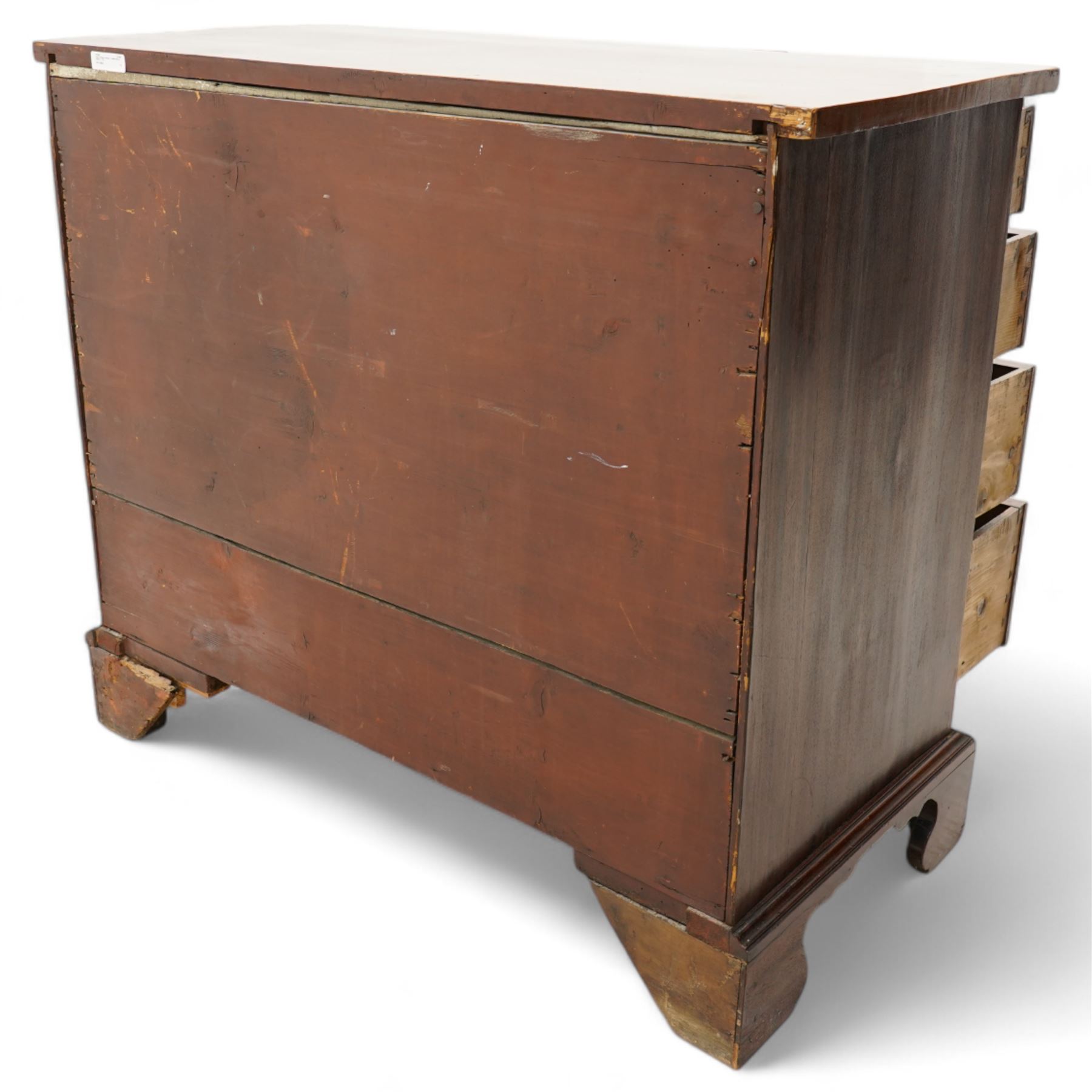 George III mahogany chest, rectangular top over four long cock-beaded drawers, fitted with brass swan neck handles and circular plates, lower moulding over bracket feet 