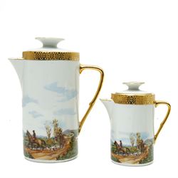 Limoges  coffee set decorated with hunting scenes within a gilt border comprising twelve cups and saucers, coffee pot, cream jug and sugar bowl