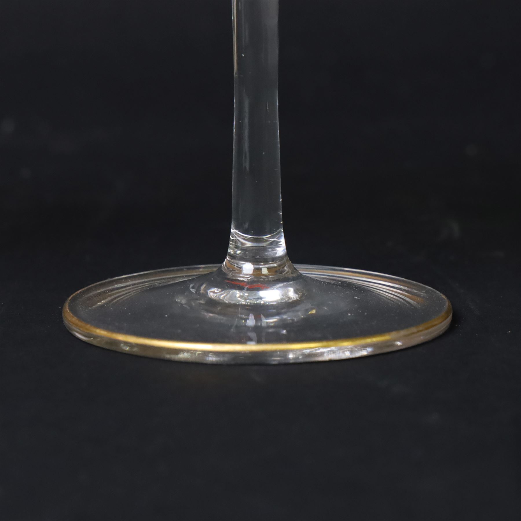 Pair of early 20th century Theresienthal Art Nouveau hand painted glass champagne coupes, the bowls hand painted with flowers, the bowl and foot rims lined in gilt, H13.5cm