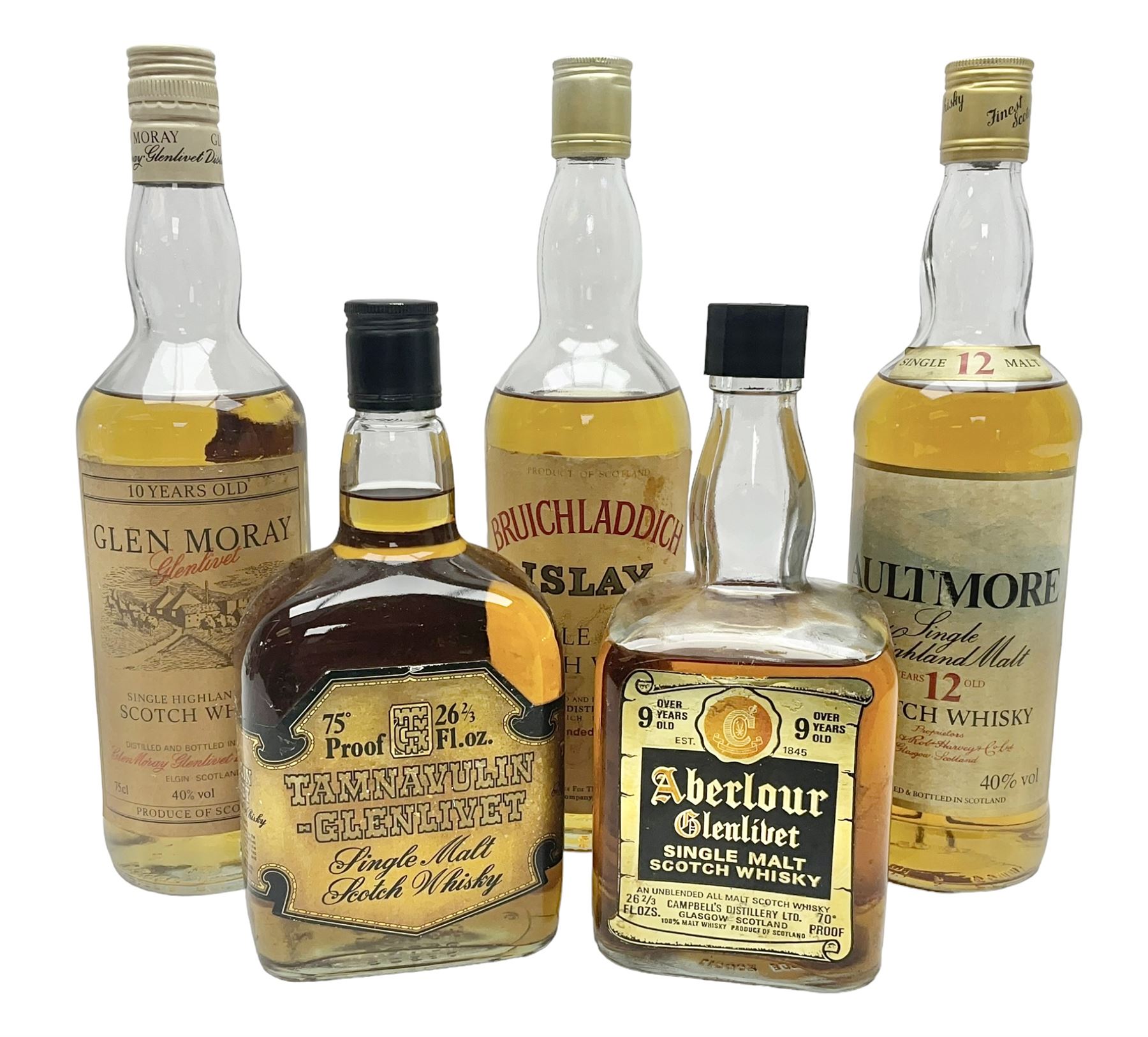 Five Single Malt Scotch Whiskys, including Aberlour Glenlivet 9 year old, Tamnavulin Glenlivet, Bruichladdich etc, various contents and proof (5)