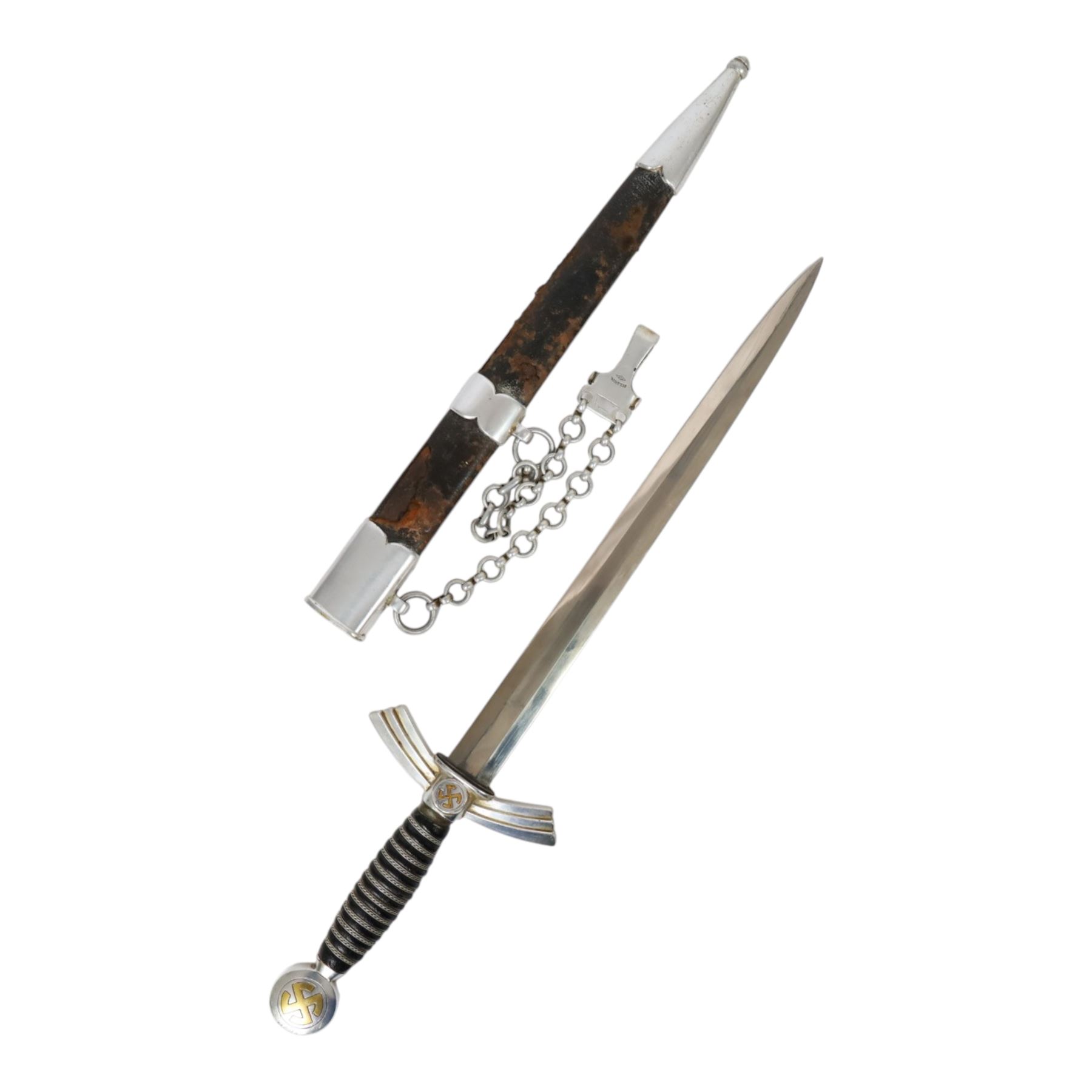 German Third Reich Luftwaffe Officers Dress Dagger by Alcoso Solingen, the 30cm double edged blade marked Alcoso Solingen, with plated down-swept quillons and pommel bearing swastika, wire-bound blue leather grip, the leather covered sheath with mounts and hanging chains, overall L50cm 