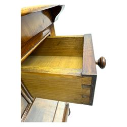 19th century French figured mahogany and walnut chest, rectangular top over three short and two long drawers, on turned feet