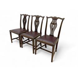 Set of six (4+2) 19th century Chippendale-design mahogany dining chairs, shaped cresting rail over pierced bulbous vase-shaped splat, burgundy leather upholstered seats with brass stud trim, on square tapering supports united by H-stretchers