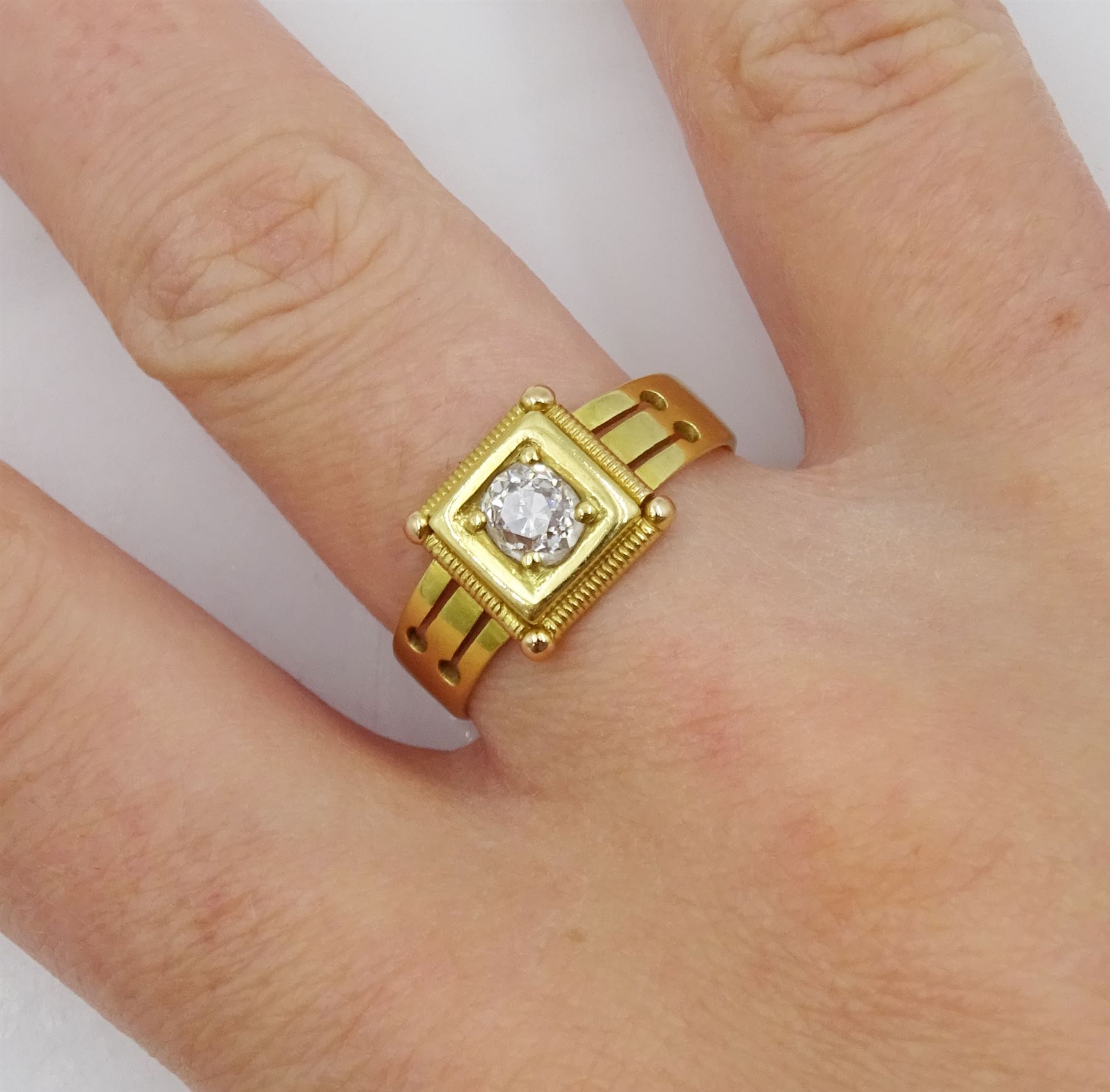 Victorian square set single stone old cut diamond ring, with pierced design shoulders, Chester 1882, diamond approx 0.50 carat