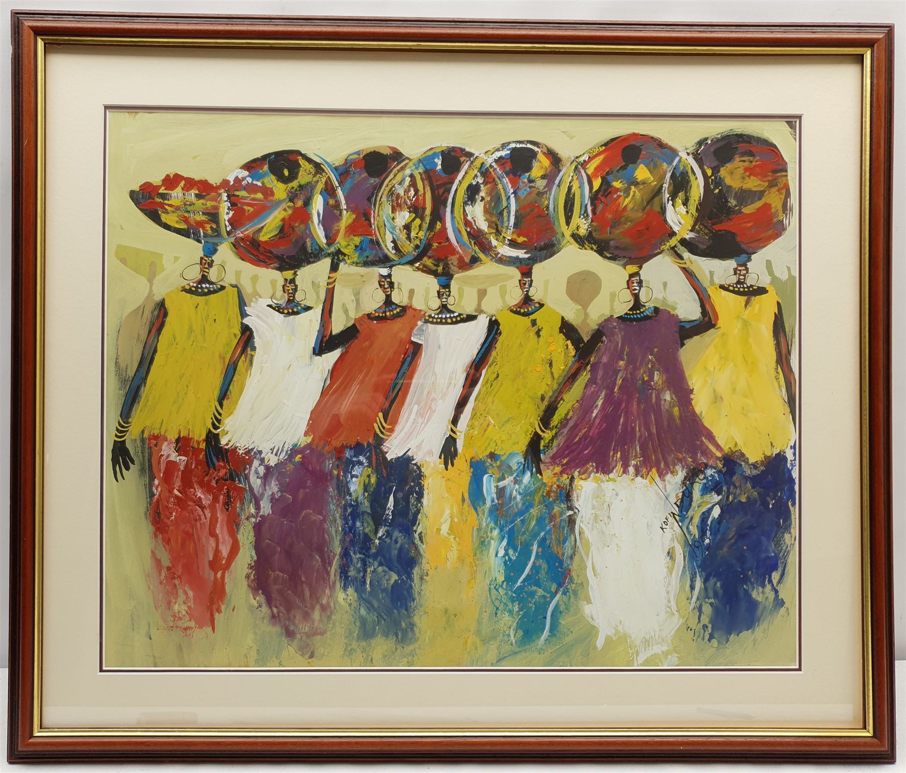 Kofi Nduro (Ghanaian 1964-): Gourd Sellers, acrylic on board signed and dated '95, 47cm x 59cm