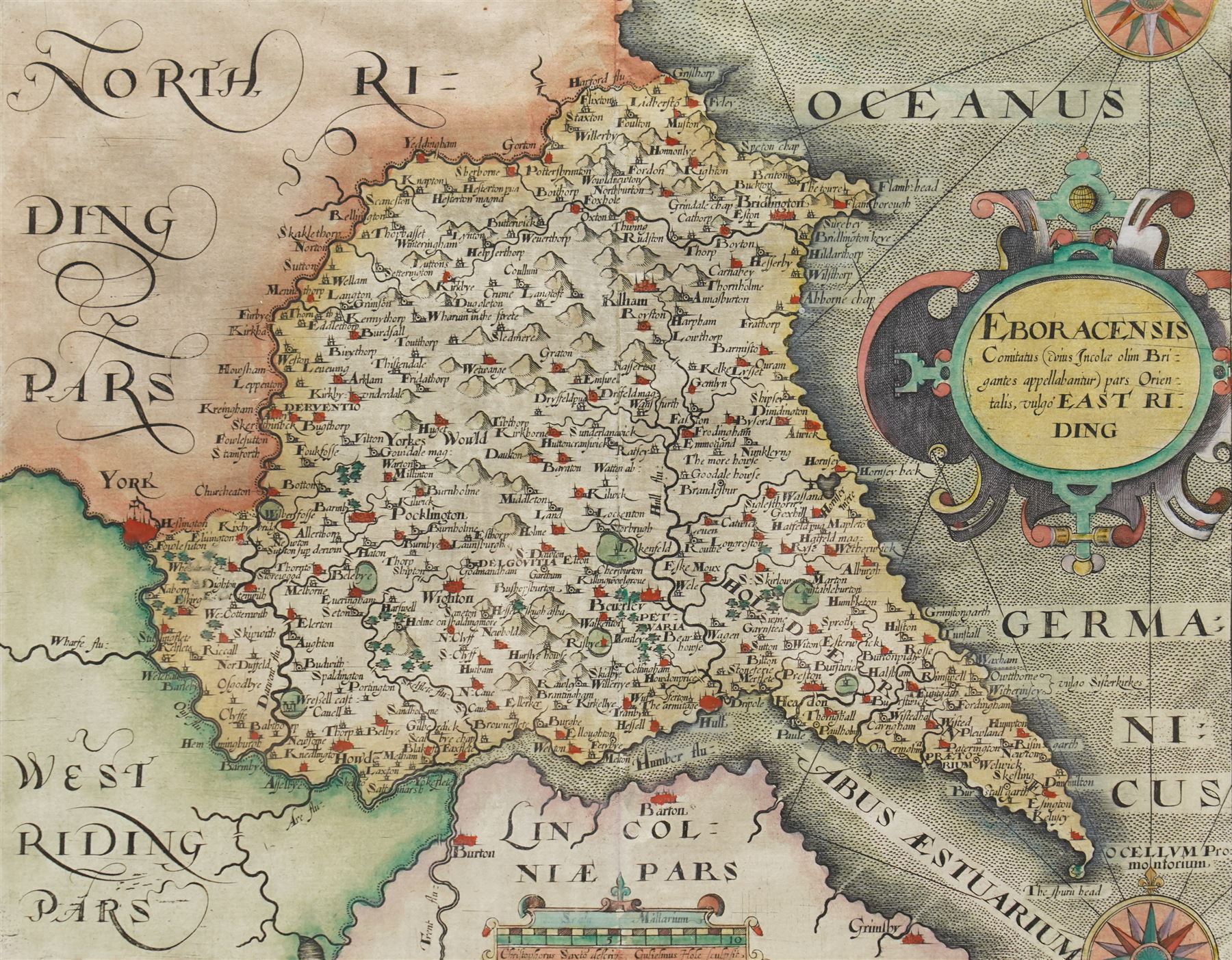 Gulielmus Hole (British ?-1624) and Christopher Saxton (British 1540-1610): 'Eboracensis Comitatus pars Orientalis vulgo East Riding', 17th century engraved map of the East Riding Yorkshire with hand-colouring pub. 'Camden's Britannia' c.1607, 21cm x 26cm