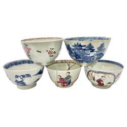 Late 18th early 19th century chinese and english tea bowls, to include one decorated with floral sprays and sprigs, another with figures within a quatrefoil panel 