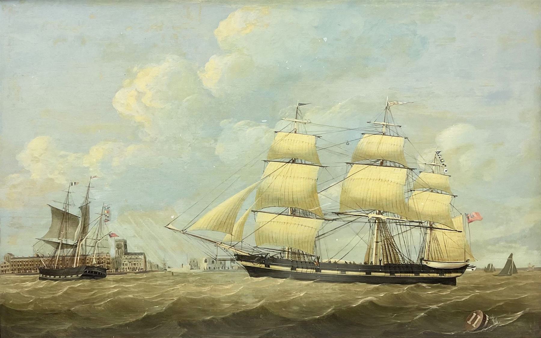 William Griffin of Hull (British fl.1837-1883): 'Whaling Ships Jane and Harmony off the Port of Hull with Holy Trinity Church in the distance', oil on panel signed and indistinctly dated 1837 l.l., labelled verso with history of ships 50cm x 79cm
Provenance: private collection purchased Christies 26th May 2004 Lot 603; with Colin Denny Ltd. Specialists in marine works of Art, Chelsea Green, London; probably painted to celebrate the end of the Jane's whaling career and the survival of both vessels from the severe conditions of the 1836 season where the 'Middleton' was wrecked, the 'Jane' was known as a Bethel ship having frequent religious services on board conducted the mate/preacher Stephen Wilson. Illustrated in Marine Painting in Hull Through Three Centuries' by Arthur Credland pub. Hull City Museums 1993, pp. 168