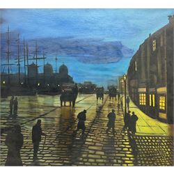 Northern British school (20th century): Night Workers on the Docks, oil on board unsigned 60cm x 64cm