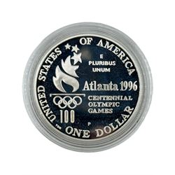 Six United States of America silver one dollar coins, relating to the Atlanta 1996 Olympic games, including 'Rowing', 'Cycling' etc, all with Westminster certificate