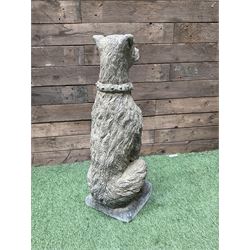 Pair of cast stone garden Deer Hounds, on square plinth bases