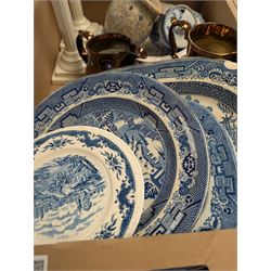 Villeroy & Boch Cheyenne pattern part tea service, pair of ceramic candlesticks, blue and white platters and plates, wooden stands etc