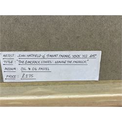 John Hatfield (British 1933-): 'The Gimcrack Stakes - Leaving the Paddock' York Races, oil and oil pastel signed and titled, artist's York address label verso 37cm x 50cm