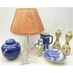  Stuart crystal table lamp with hobnail cut body, pair Japanese Satsuma double gourd vases, Lladro figure 'Dog in a Basket', pair of Waterford crystal candlesticks, 19th century Wedgwood Jasperware pitcher, Chinese ginger jar etc   