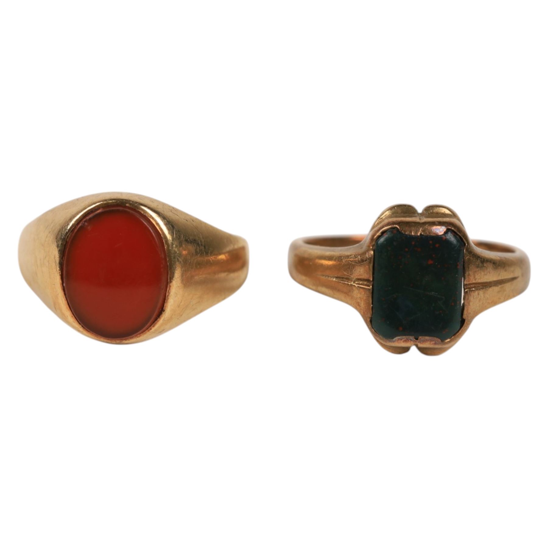 Two 9ct gold stone set signet rings, both hallmarked