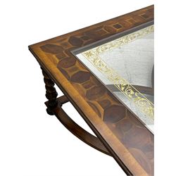 Jonathan Charles - large mahogany coffee table, the square oyster veneered top with verre églomisé inset, the glass hand-painted with gilt scrolling foliate patterns, raised on spiral turned supports with acanthus and gadroon carvings, united by interlocking demi-lune stretchers, on scrolled acanthus feet