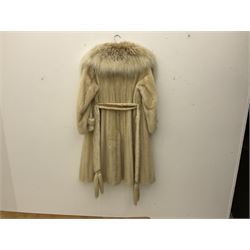 Marble blonde mink three quarter length coat and fox fur collar, with belt