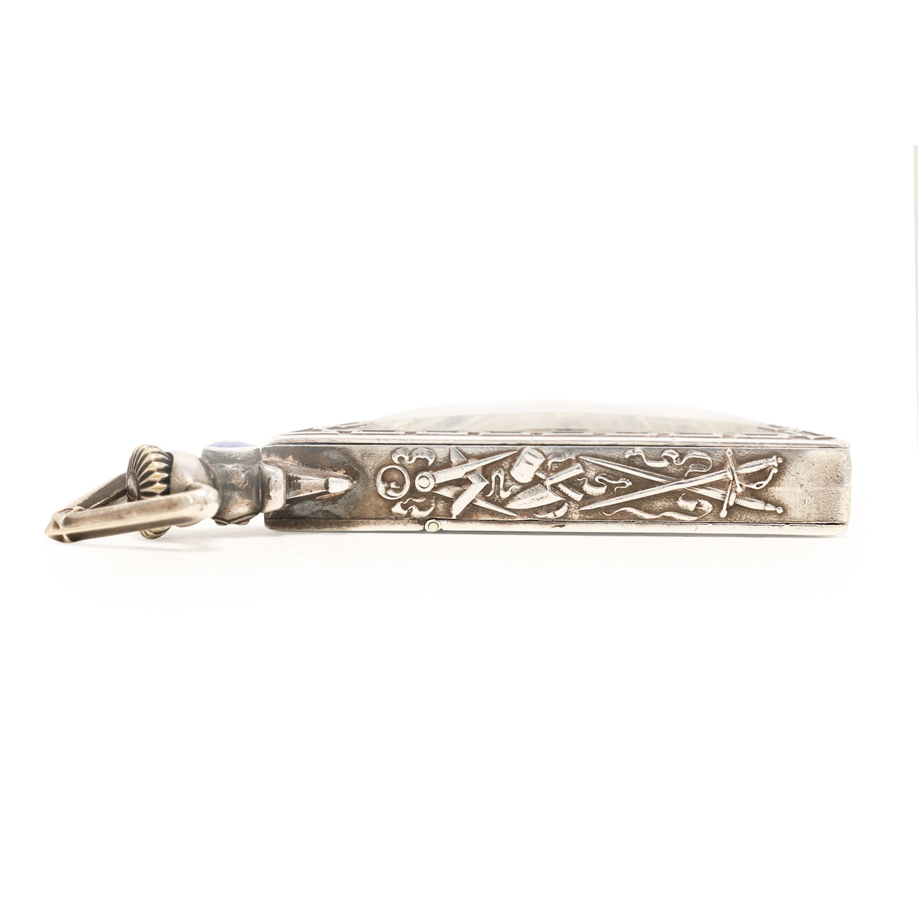Early 20th century silver Masonic keyless lever pocket watch by G. Schwab-Loeillet, Genève, triangular mother of pearl dial with Masonic hour markers and inscribed 'Love Your Fellow Man, Lend Him A Helping Hand', the embossed case with a blue paste stone below the crown, Edinburg import mark 1923