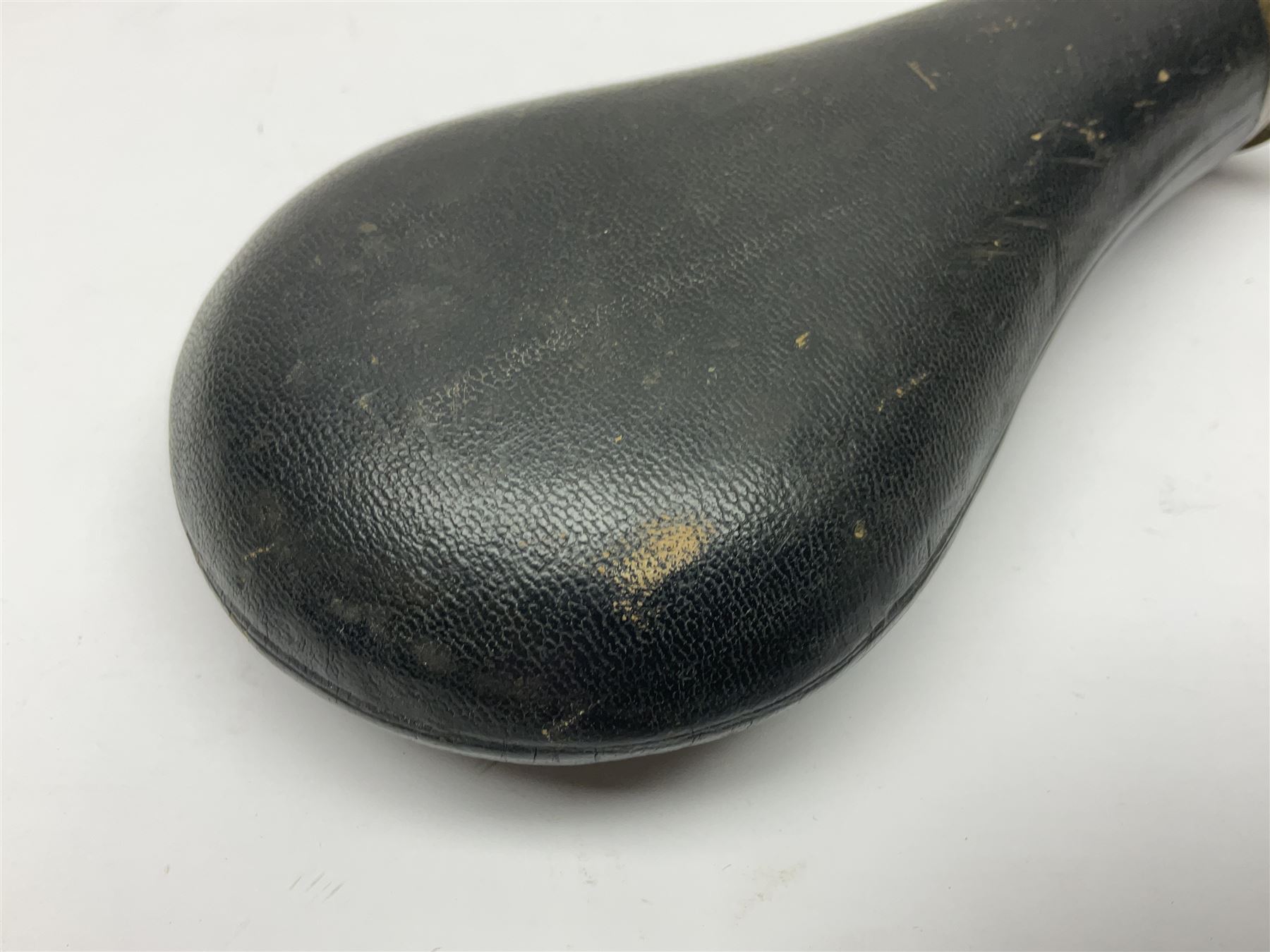 19th century James Dixon & Sons leather covered powder flask with patent action adjustable shot measure to dispense 2 1/4 - 3 drams; marked Parker Hale Ltd. Birmingham England L20cm