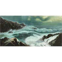 Helen Halliday (Australian 20th Century): Waves at Dusk, oil on board signed and dated 1989, further inscribed verso 30cm x 60cm 