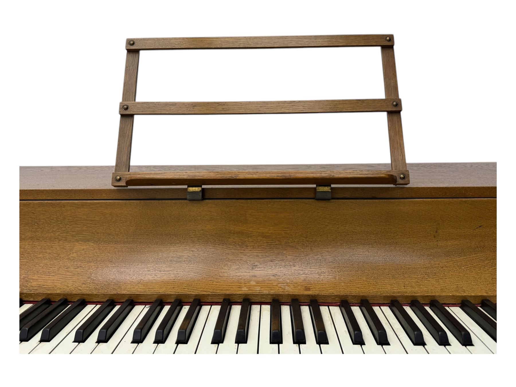 Louis Zwicki - mid-20th century oak cased compact piano, fitted with a folding music rest and full keyboard, dual brass pedals