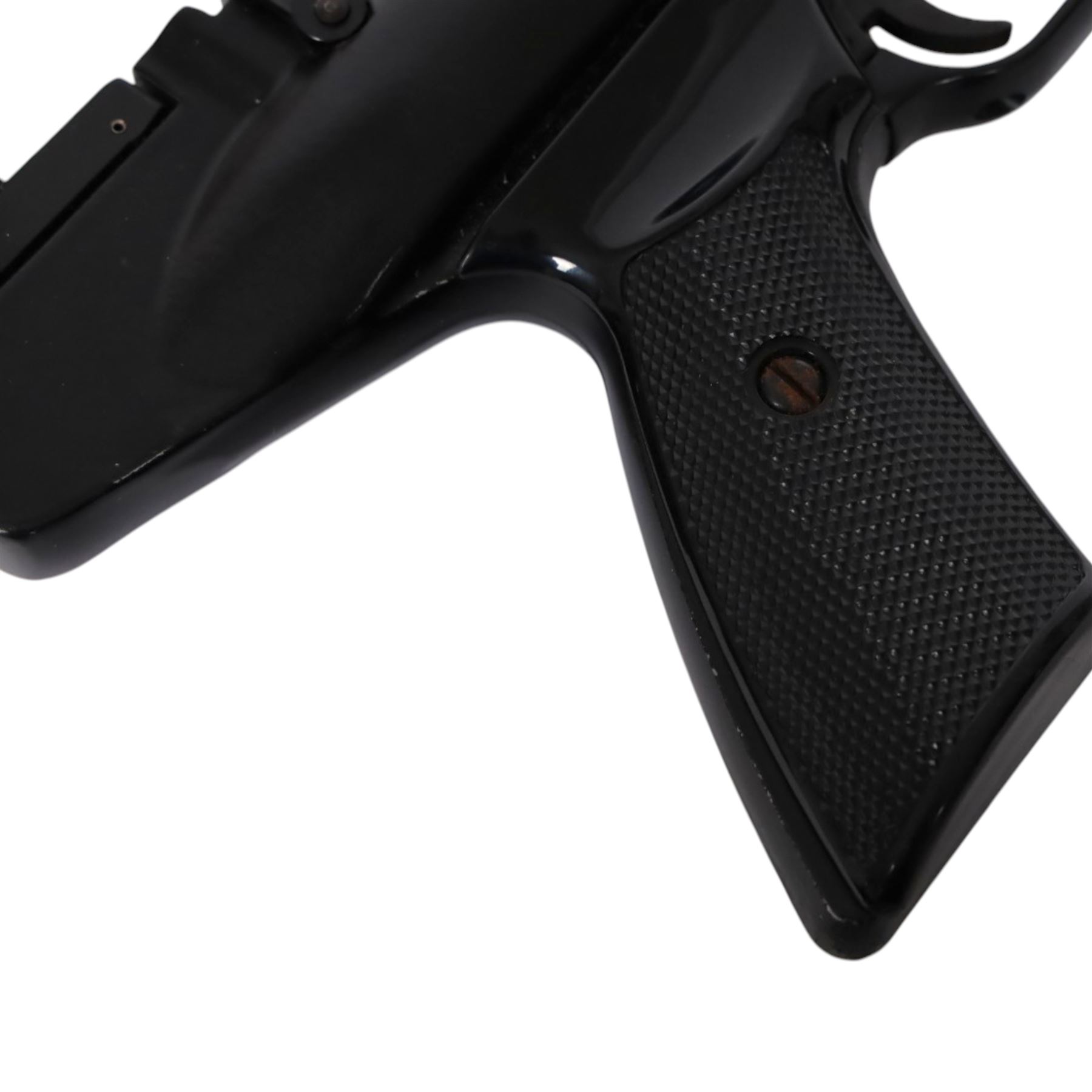 Webley Hurricane .177 air pistol, the chamber marked 'Hurricane' and 'Webley & Scott Ltd. Birmingham England' beneath, with front hooded sight and black checkered grip, H14cm, L28cm