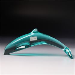 Lalique clear and frosted glass dolphin, label to base W12cm, boxed and a Baccarat blue glass dolphin W16cm  in Mappin & Webb box