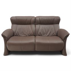 Himolla - ‘Cumuly’ lounge suite upholstered in deep aubergine leather, comprising two-seat sofa with high padded back, shaped arms and panelled upholstery (W 161cm, D 82cm, H 93cm), and three-seat sofa conforming (W 200cm, D 82cm, H 93cm)
