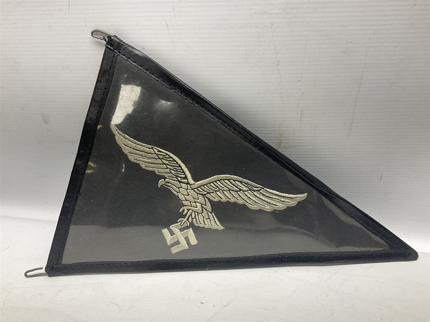 Pair of German winter snow boots, leather and felt with wooden soles; together with a replica WW2 German Luftwaffe car pennant (3)