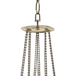 Cranberry glass ceiling oil lamp, of waisted form with metal mounts, 