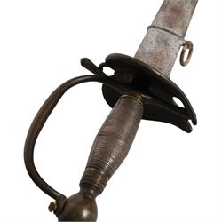 British Georgian Officers Sword, with 83cm double edged fullered blade engraved with with motifs and Osborn along with Warranted, with brass heart shaped guard and faux wire bound grip, with scabbard with twin suspension rings, overall length 100cm