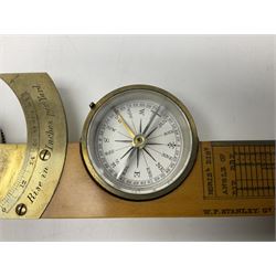 Late 19th/early 20th century boxwood and brass clinometer rule by Stanley, with inset magnetic compass, screw action protractor hinge divided to one degree with rise in inches per yard scale under, spirit level to one edge, marked 'W.F. Stanley Great Turnstile Holborn' with tables of distances, angles and thickness H16cm closed: in original leather covered case with instructions