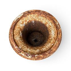 Andrew Handyside - pair of 19th century best quality cast iron garden urns, individually detailed in relief Allegorical Figures and Helaldic Swans, campagna form with twin handles, detail under rim, raised on circular fluted base